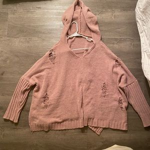 knit ripped sweater with hood (light pink)